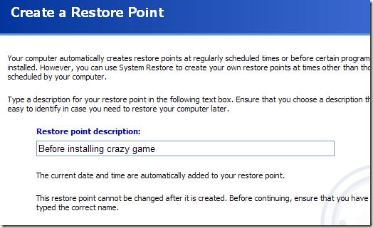 create restore point windows