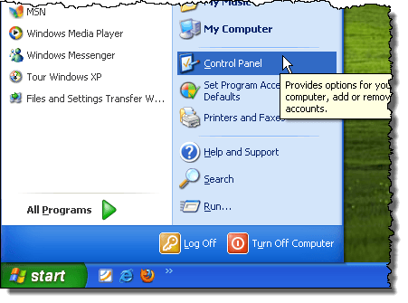 Otwieranie panelu sterowania w systemie Windows XP