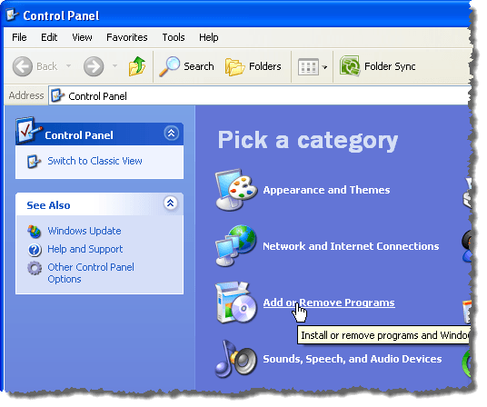 Kliknięcie łącza Dodaj lub usuń programy w systemie Windows XP
