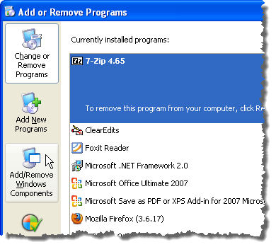 Kliknięcie przycisku Dodaj / Usuń składniki systemu Windows w systemie Windows XP