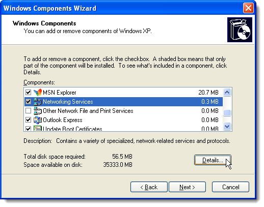 Kliknięcie Szczegóły w Kreatorze składników systemu Windows