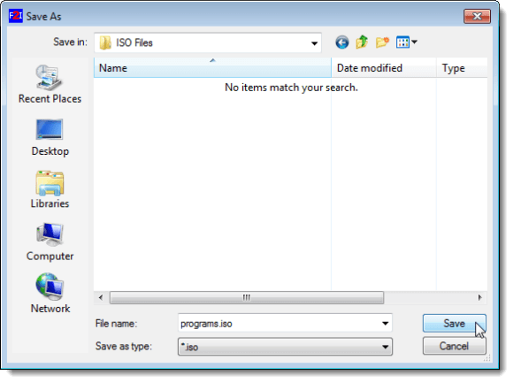 Selecting an output folder and naming the ISO file