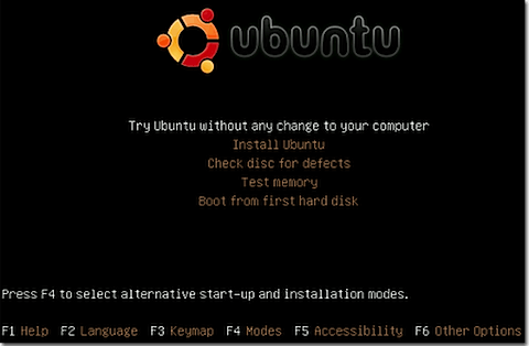 Menu główne Ubuntu Linux Live CD