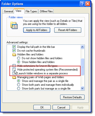 Hide protected operating system files option