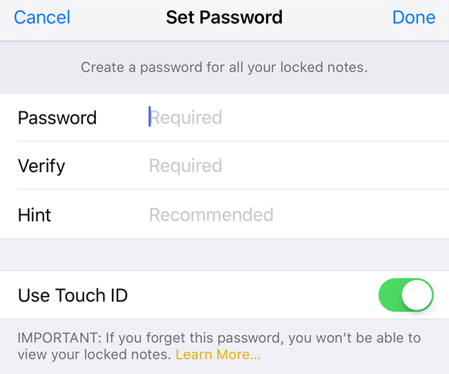 set password for notes