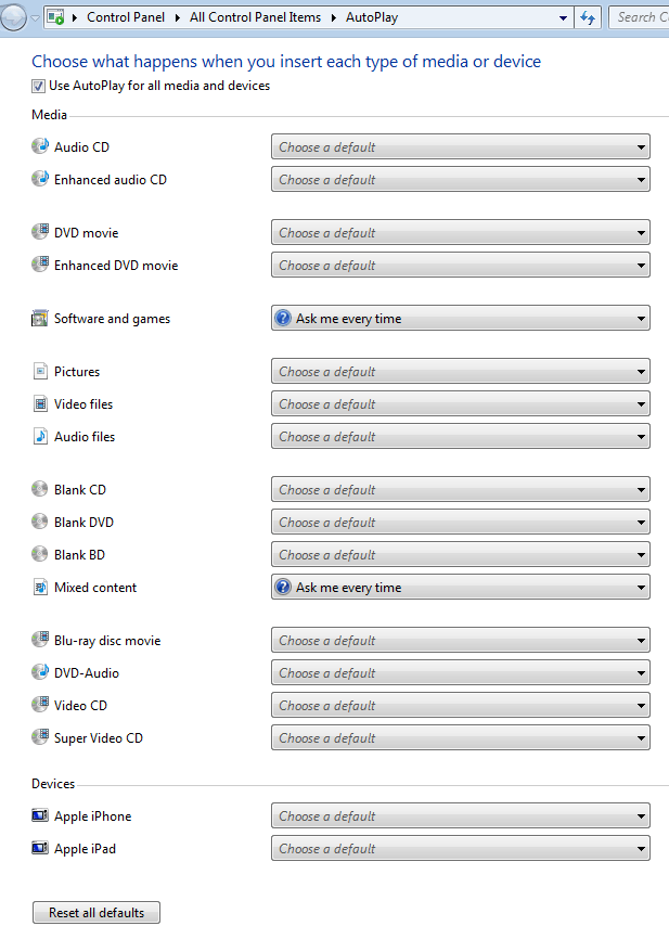 windows 7 autplay configure