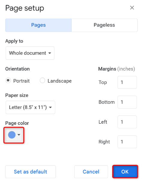 Zmień kolor tła strony dokumentu Dokumentów Google