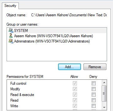 permissions for file