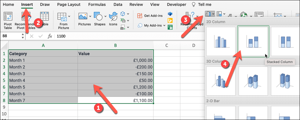 Jak utworzyć wykres kaskadowy w programie Microsoft Excel, obraz 6