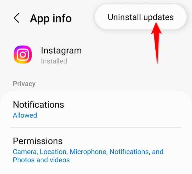Odinstaluj aktualizacje aplikacji Instagram na obrazie Androida